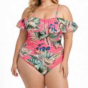 La Blanca Plus 20W Tropical One Piece Swimsuit Pink Coral Beach NWT‎